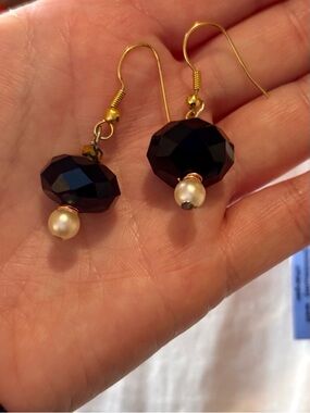 Black Faceted Bead Drop Earrings with Pearl Accent